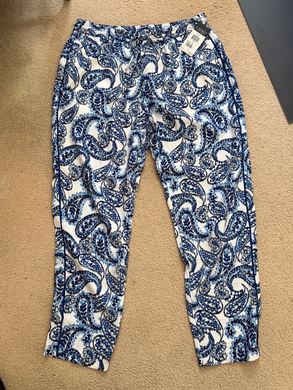 New with Tag Ralph Lauren White & Blue Paisley Wide Leg Pants